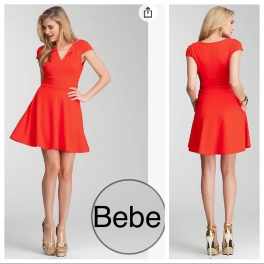 Bebe Red Medium V-Neck Short Sleeves Fit And Flare Dress with‎ POCKETS!
